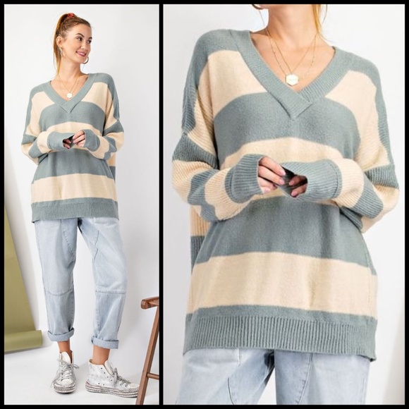 EASEL Wide Striped Sweater Ribbed Hems Wide Neckline Long Loose Fit Tunic Style - Picture 14 of 14